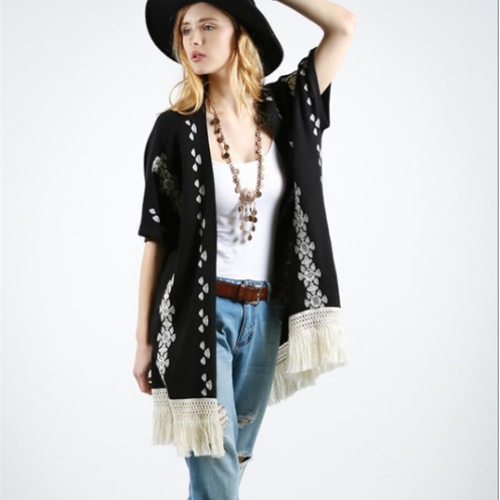 Black wool 1/2 sleeve sweater with ivory fringe and embroidered details
